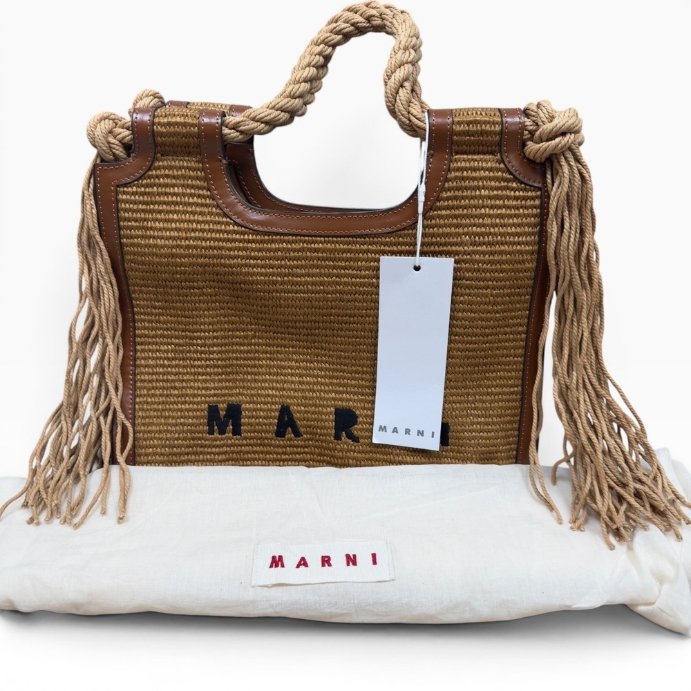 Marni Marcel Medium Raffia Tote Bag Tan Fringe Rope Handle Raffia Leather $995